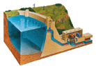 Hydroelectic dam cut-away illustration